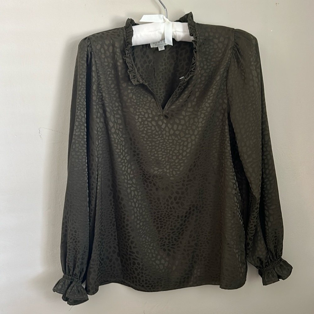 Status dark green leopard printed blouse with ruffled neckline and sleeves